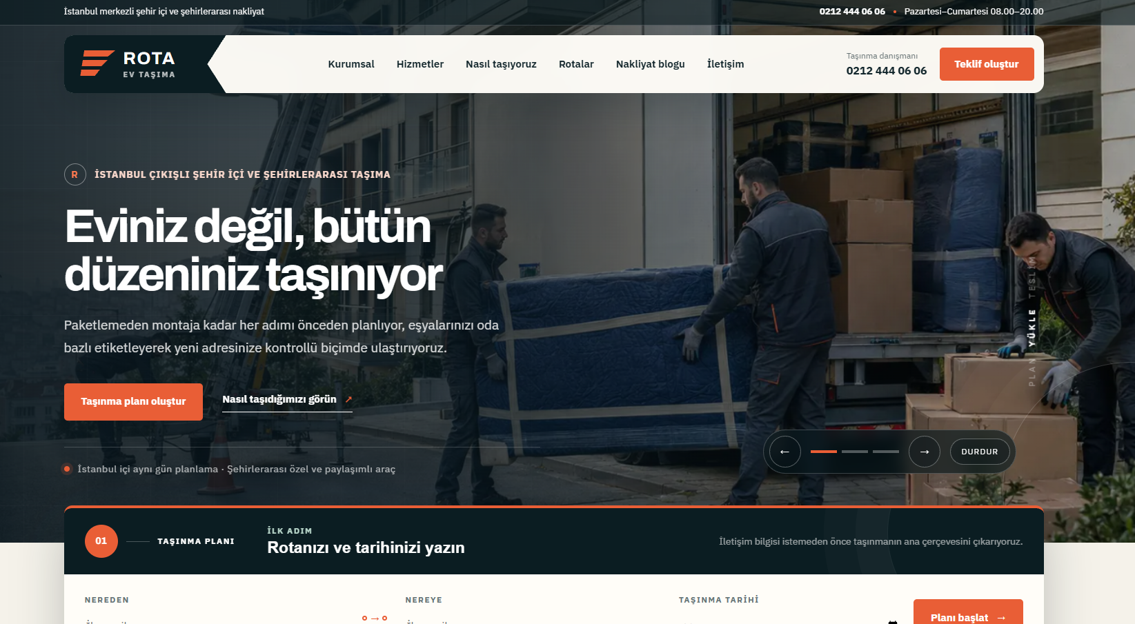 Rota Evden Eve Nakliye web sitesi ana sayfa üst bölümü